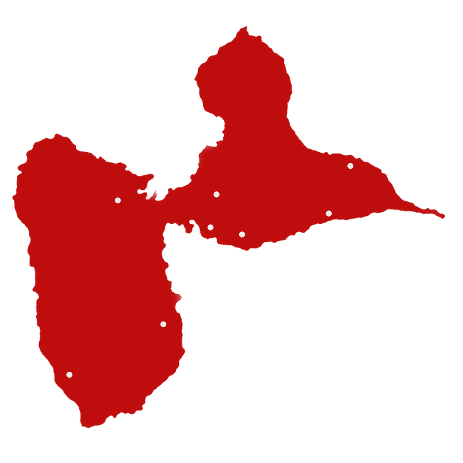 Carte de la Guadeloupe montrant Grande-Terre, Basse-Terre, Les Saintes, Marie-Galante et La Désirade.